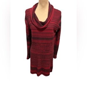 Style & co. 100% Cotton Midi Dress Cowl Neckline Medium Red & Black Long Sleeve.